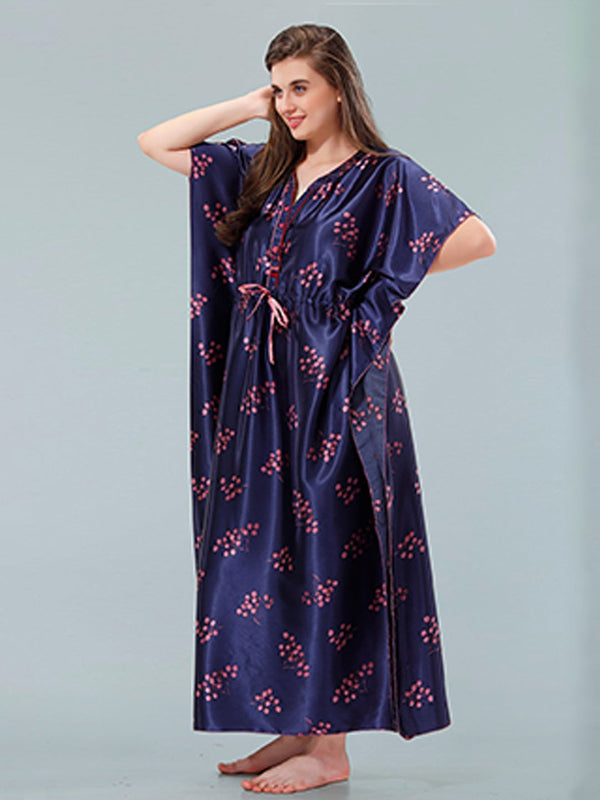 Be You Navy Blue Printed Maxi Kaftan Nightdress