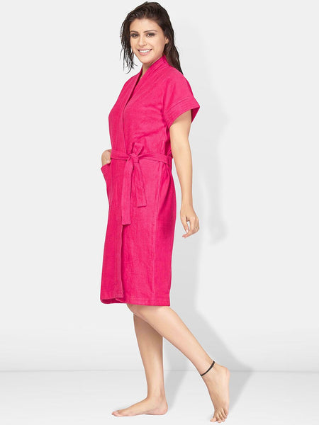 Be You Pink Solid Cotton Drawstring Knee Length Bath Robe