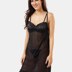 Be You Self Design Sleeveless Net Baby Doll With Brief