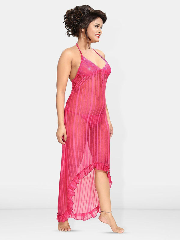 Be You Self Design Net Halter Neck Baby Doll With Brief