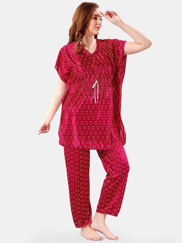 Be You Geometric Printed V-Neck Satin Kaftan Night Suit