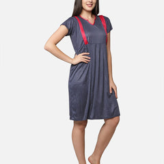 Be You Women Navy Blue Printed Maternity Nightdress