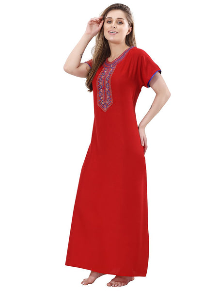 Be You Red Embroidered Maxi Nightdress