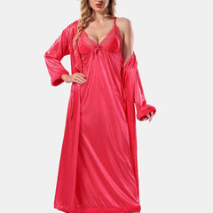 Be You V Neck Lace Up Details Satin Maxi Nightdress With Robe