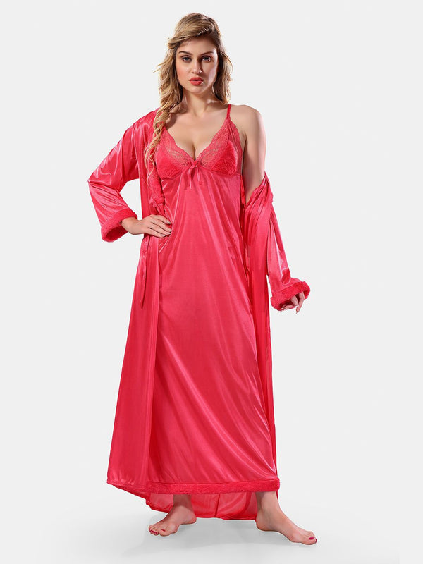 Be You V Neck Lace Up Details Satin Maxi Nightdress With Robe