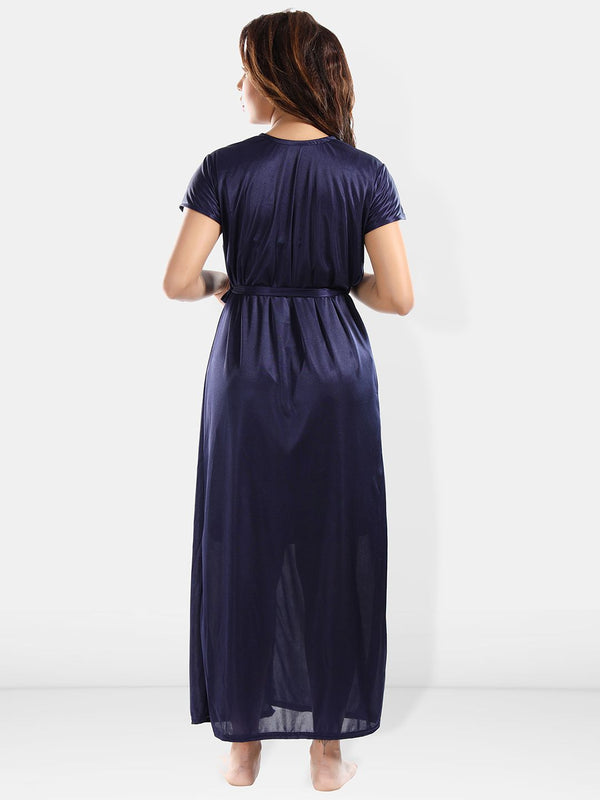 Be You Shoulder Straps Laced Nightdress With Satin Robe And Briefs