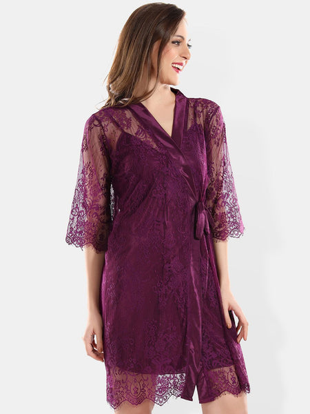 Be You Self Design Satin Shoulder Straps Nightdress With Robe
