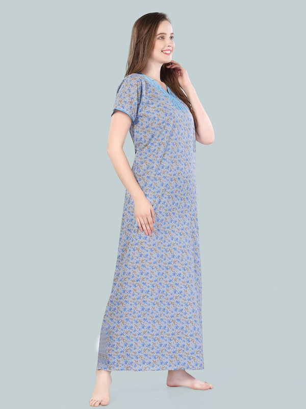 Be You Women Blue Printed Maxi Nightdress