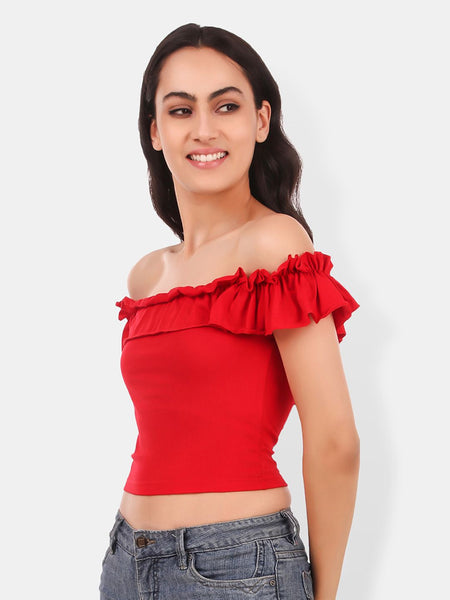 Be You Off-Shoulder Ruffles Cotton Bardot Crop Top