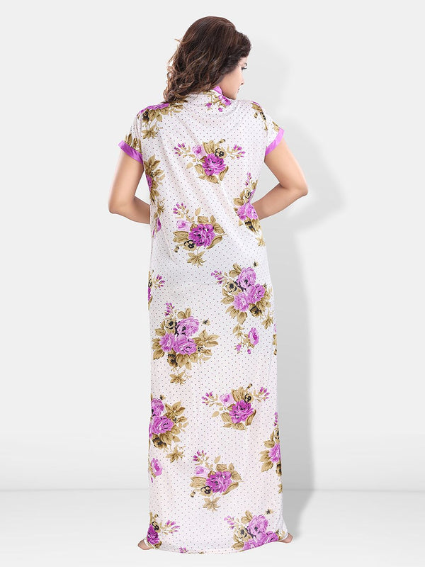 Be You Printed Round Neck Satin Maxi Nightdress With Robe