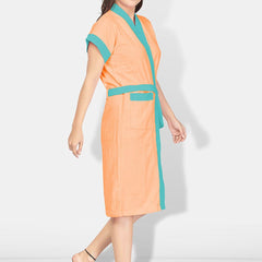 Be You Two-Tone Peach Solid Cotton Drawstring Knee Length Bath Robe-L/XL