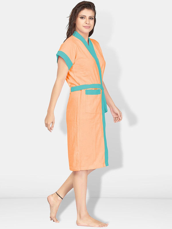 Be You Two-Tone Peach Solid Cotton Drawstring Knee Length Bath Robe-L/XL