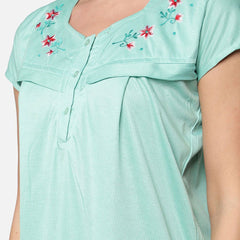 Be You Women Green Embroidered Maxi Maternity Nightdress