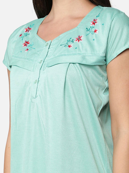 Be You Women Green Embroidered Maxi Maternity Nightdress