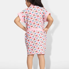 Be You Strawberry Print Pink Conversational Cotton Drawstring Knee Length Bath Robe