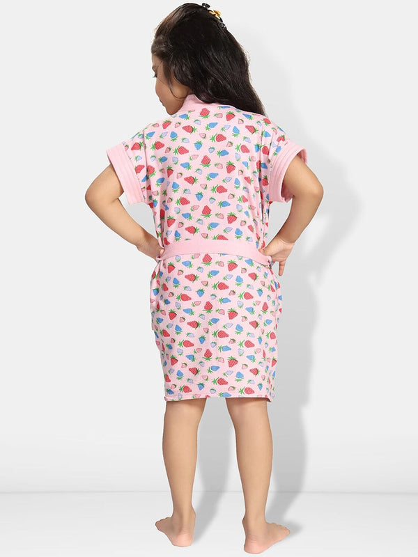 Be You Strawberry Print Pink Conversational Cotton Drawstring Knee Length Bath Robe