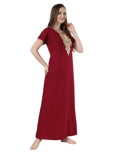 Be You Maroon Embroidered Maxi Nightdress