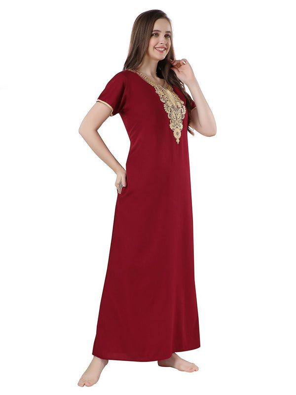Be You Maroon Embroidered Maxi Nightdress