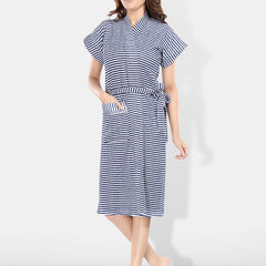 Be You Navy Blue Striped Cotton Drawstring Knee Length Bath Robe-2XL