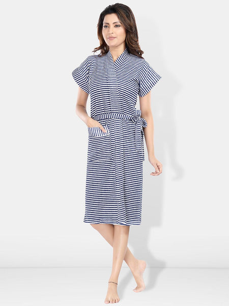 Be You Navy Blue Striped Cotton Drawstring Knee Length Bath Robe-2XL