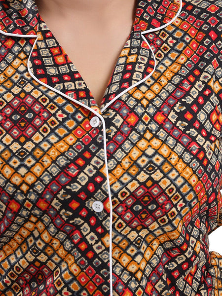 Be You Lapel Collar Geometric Printed Printed Night suit