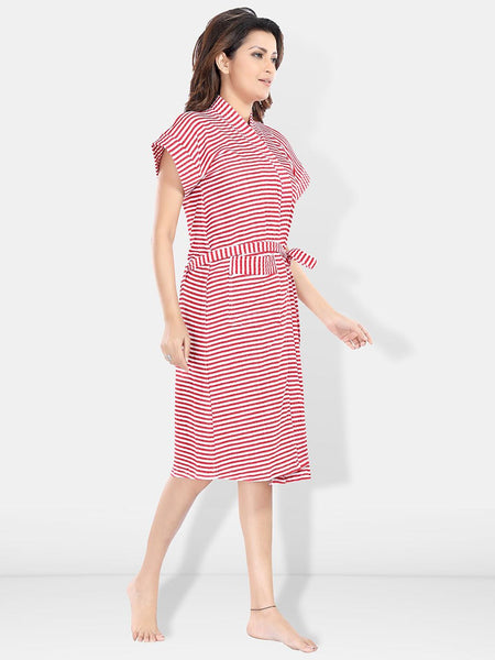 Be You Red Striped Cotton Drawstring Knee Length Bath Robe-2XL