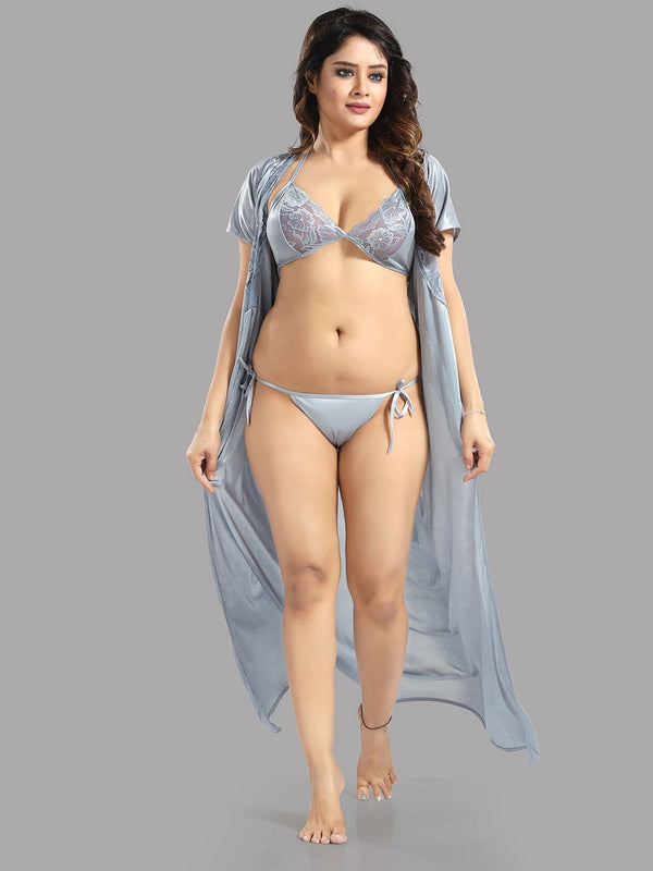 Be You Grey 6 Piece Satin Maxi Nightdress