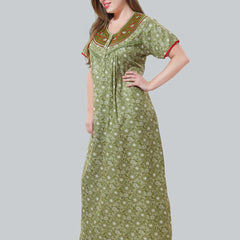 Be You Olive Green Embroidered Maxi Nightdress