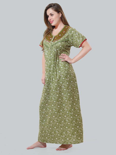 Be You Olive Green Embroidered Maxi Nightdress