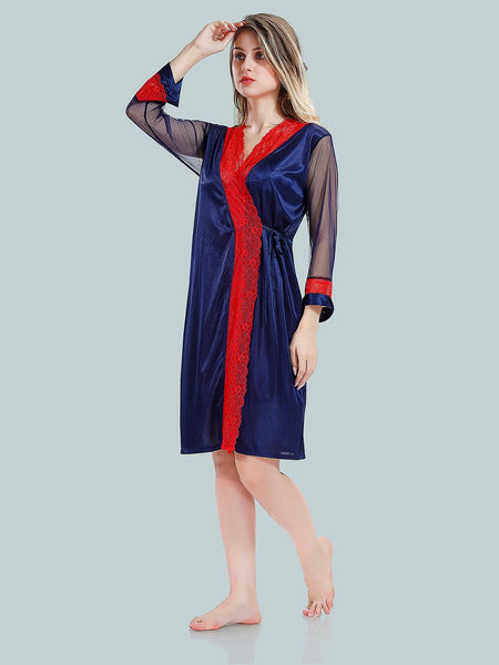 Be You Solid Lace Details Satin Nighty with Robe