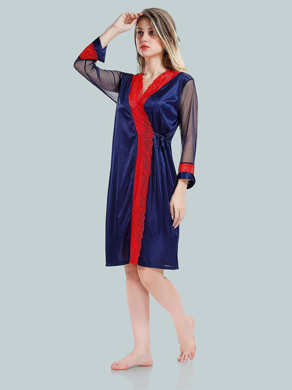 Be You Solid Lace Details Satin Nighty with Robe