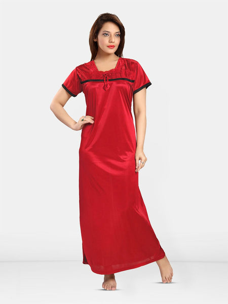 Be You Self Design Square Neck Satin Maxi Nightdress