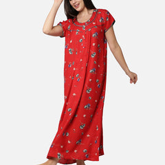 Be You Women Red & White Printed Maxi Maternity Nightdress