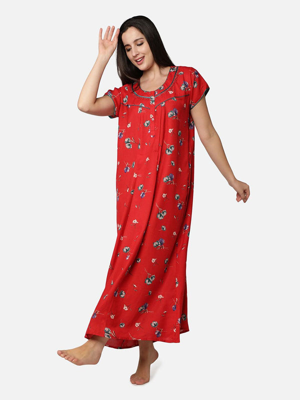 Be You Women Red & White Printed Maxi Maternity Nightdress