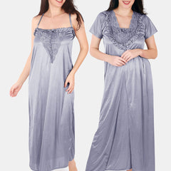 Be You Floral Lace Shoulder Straps Satin Maxi Nightdress With Robe