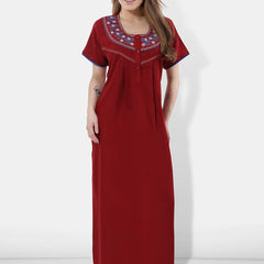 Be You Women Maroon Embroidered Maxi Nightdress