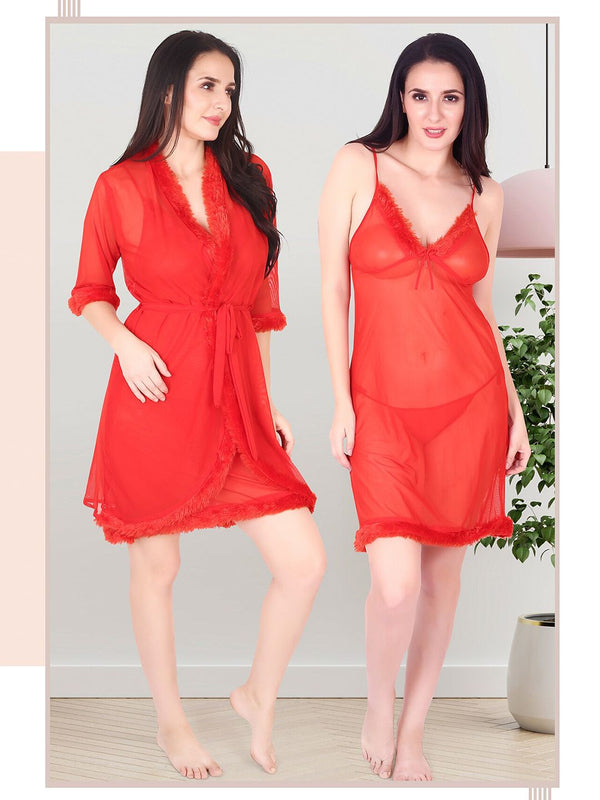 Be You Shoulder Straps Net Nightdress With Robe