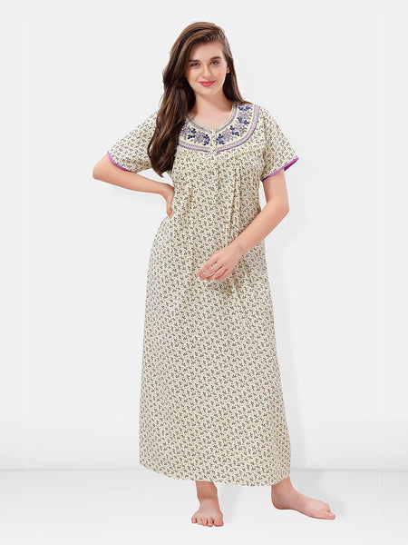 Be You Floral Printed Embroidered Maxi Nightdress