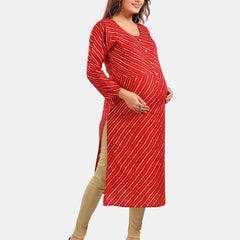 Be You Leheriya Printed Round Neck Maternity Straight Kurta