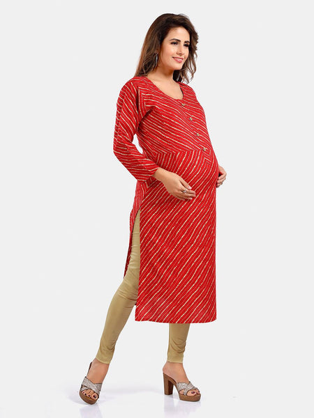 Be You Leheriya Printed Round Neck Maternity Straight Kurta