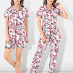 Be You Women White & Pink Printed Pajama & Shorts with Shirt Night Suits