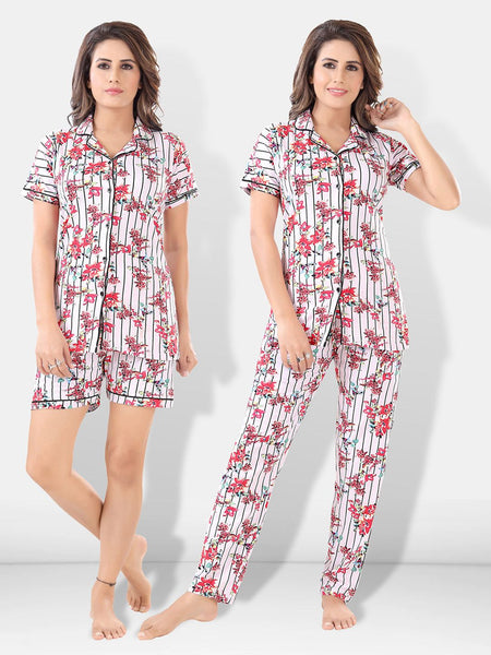 Be You Women White & Pink Printed Pajama & Shorts with Shirt Night Suits