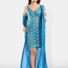 Be You Floral Self Design Satin Nightdress With Robe & Brief