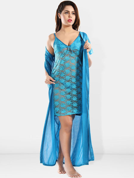 Be You Floral Self Design Satin Nightdress With Robe & Brief