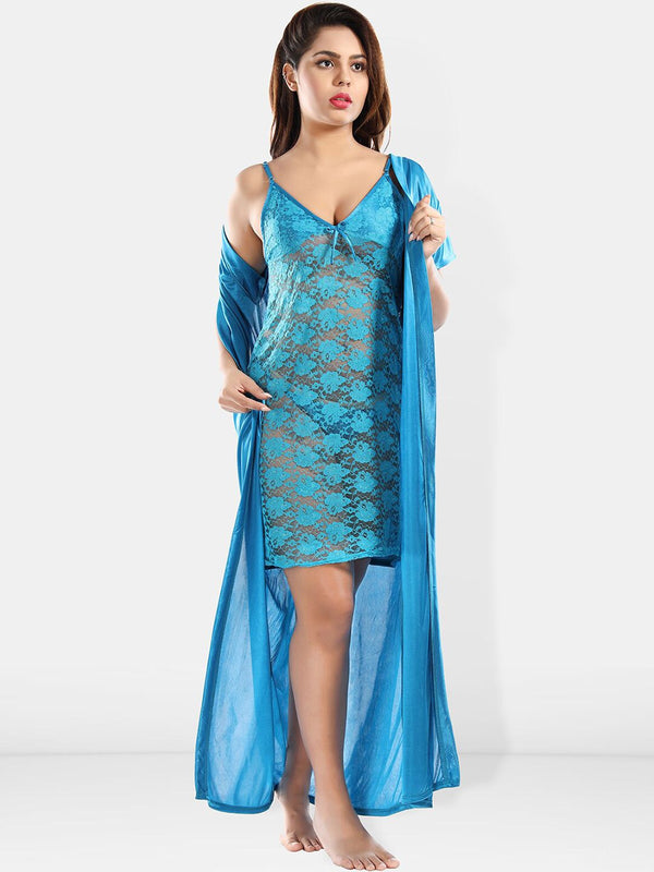 Be You Floral Self Design Satin Nightdress With Robe & Brief