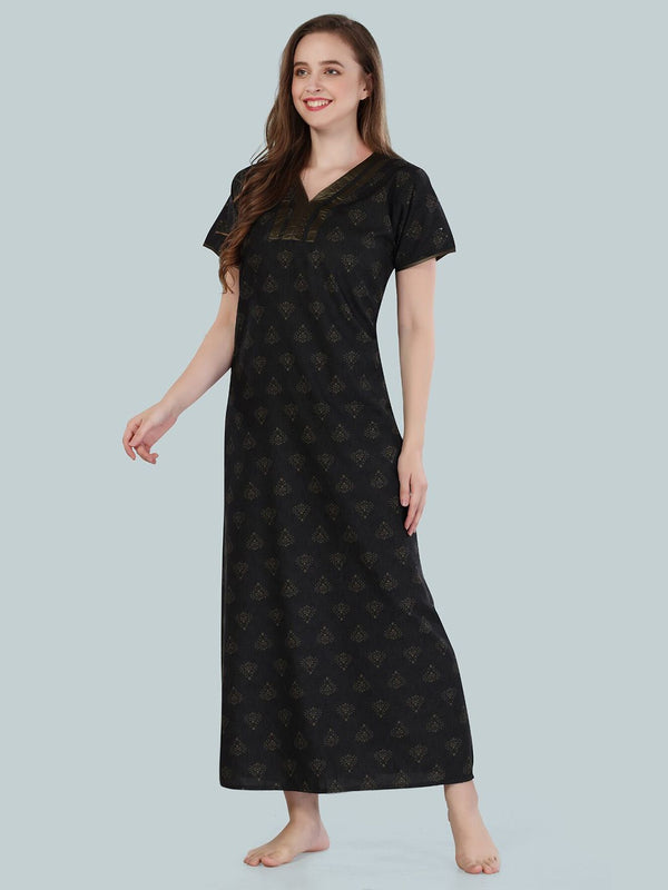 Be You Black Printed Maxi Nightdress