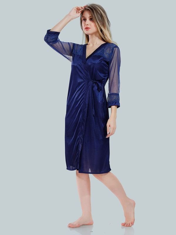Be You Solid Lace Details Satin Nighty with Robe