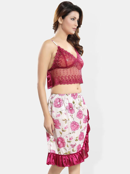Be You Self Design Shoulder Strap Satin Nightdress