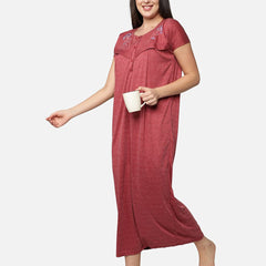Be You Maroon Cotton Striped Maternity / Feeding  Gown for Women