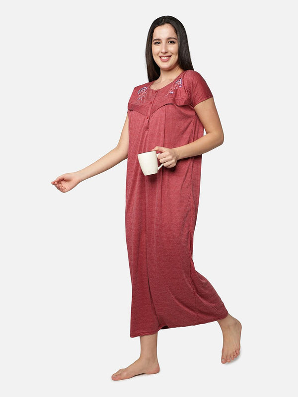 Be You Maroon Cotton Striped Maternity / Feeding  Gown for Women